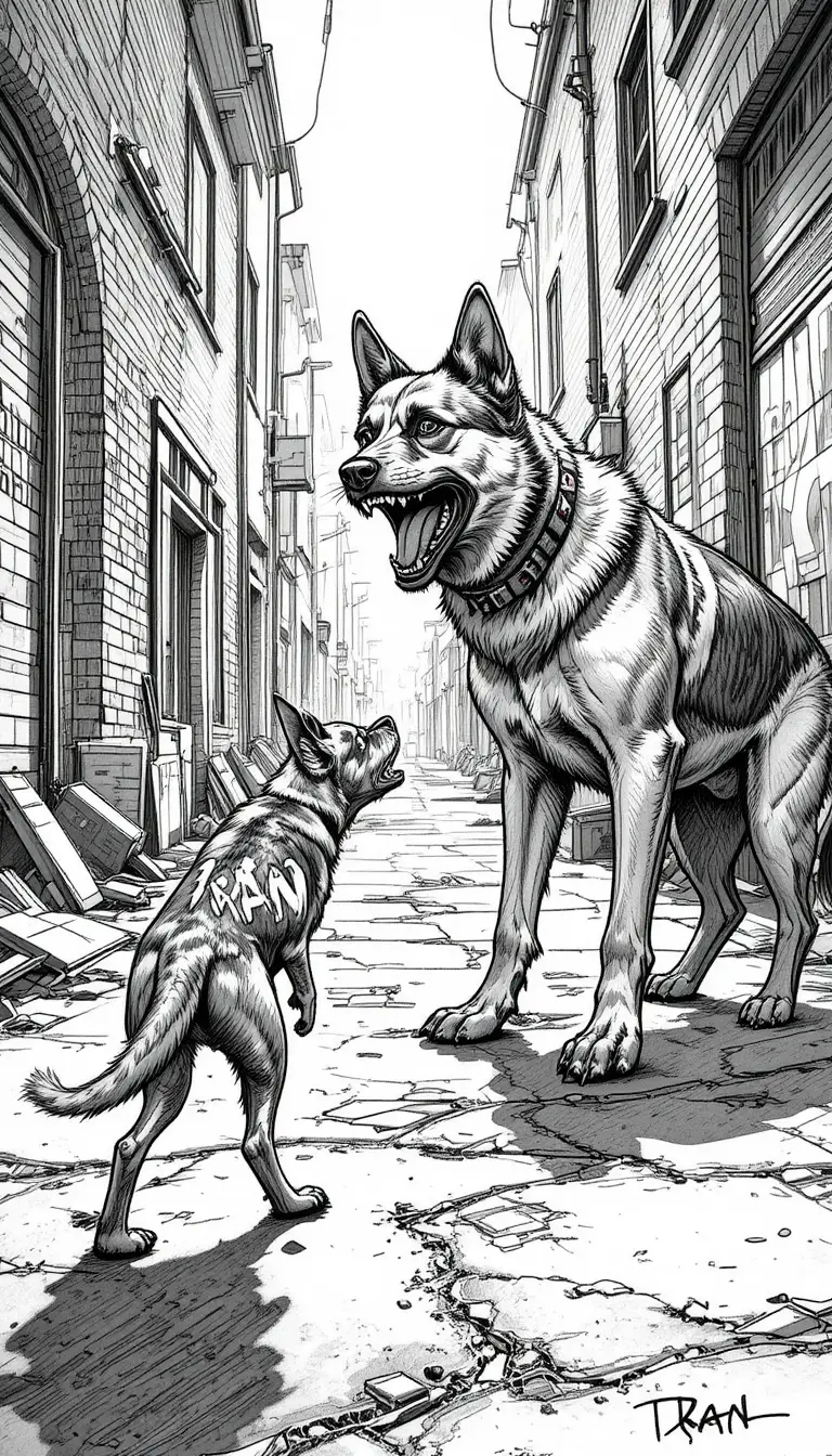 Snarling terrier confronts cowering german shepherd in alley