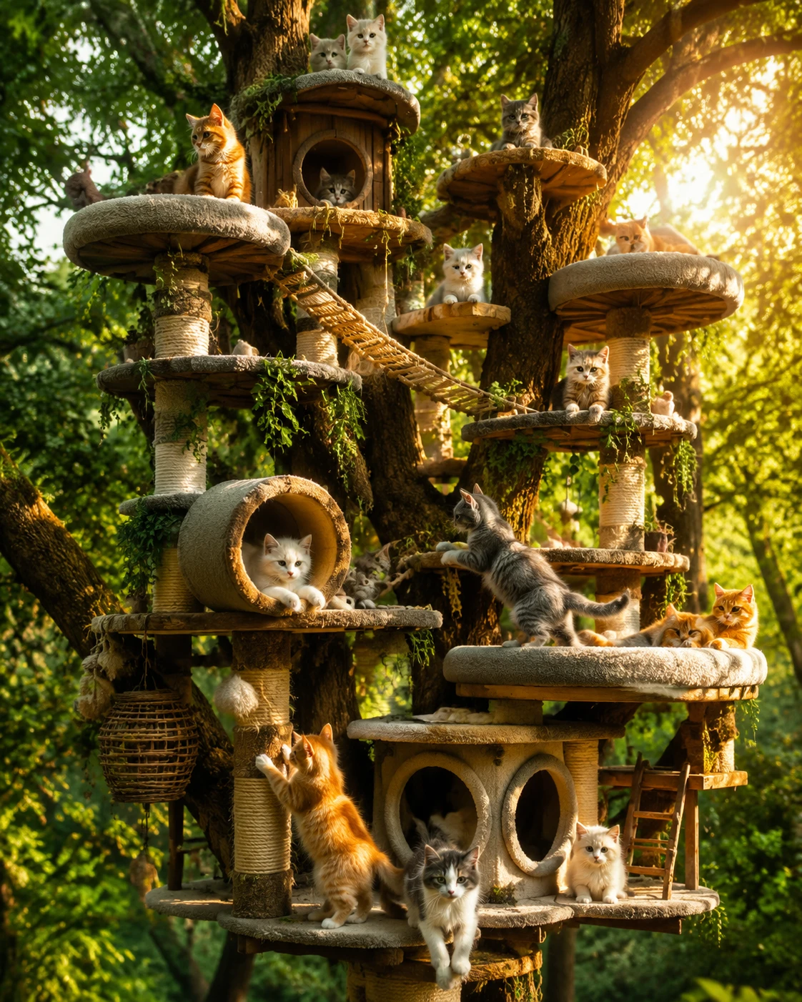 Whimsical Cat Treehouse Rising In A Sunlit Forest
