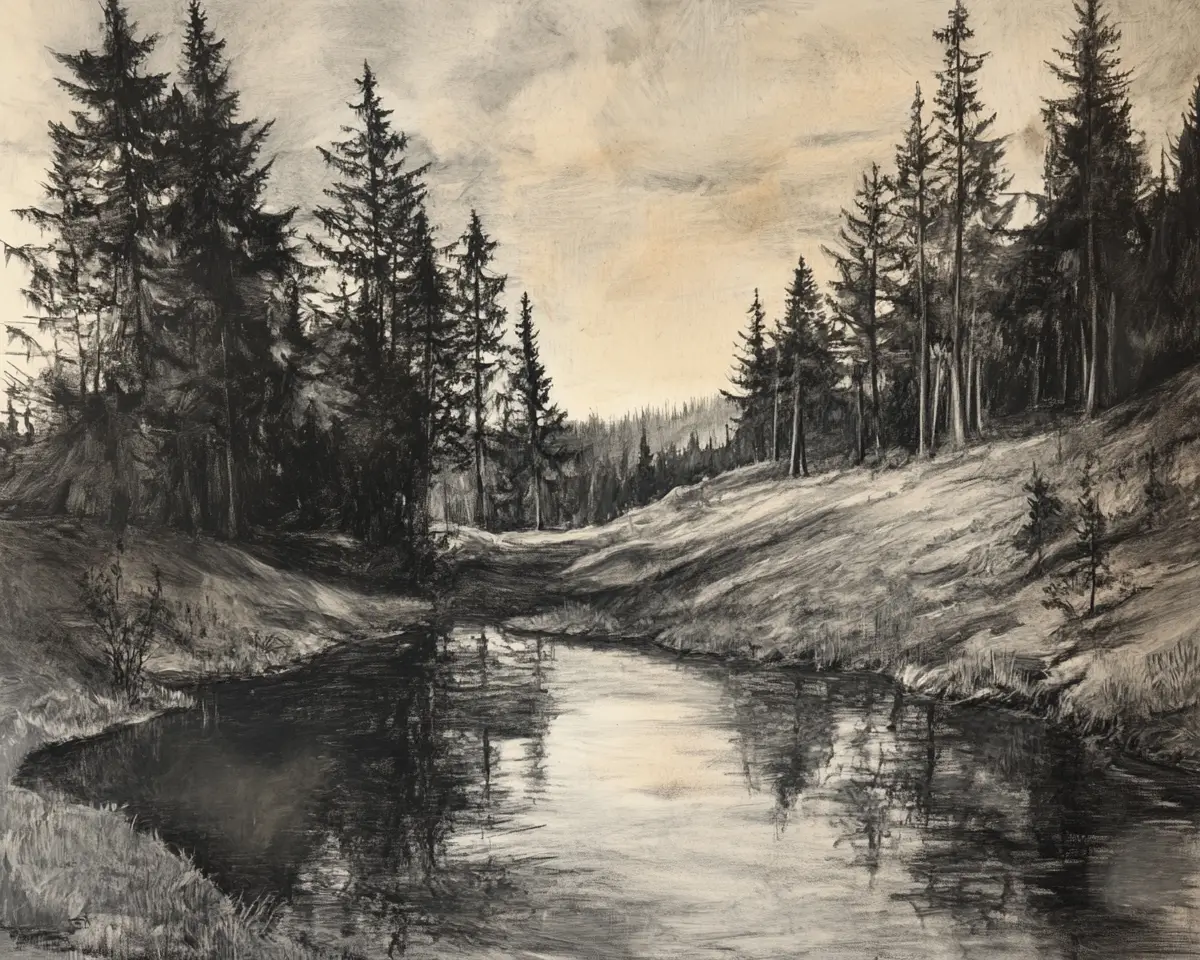 Charcoal landscape of rolling hills and tranquil forest stream