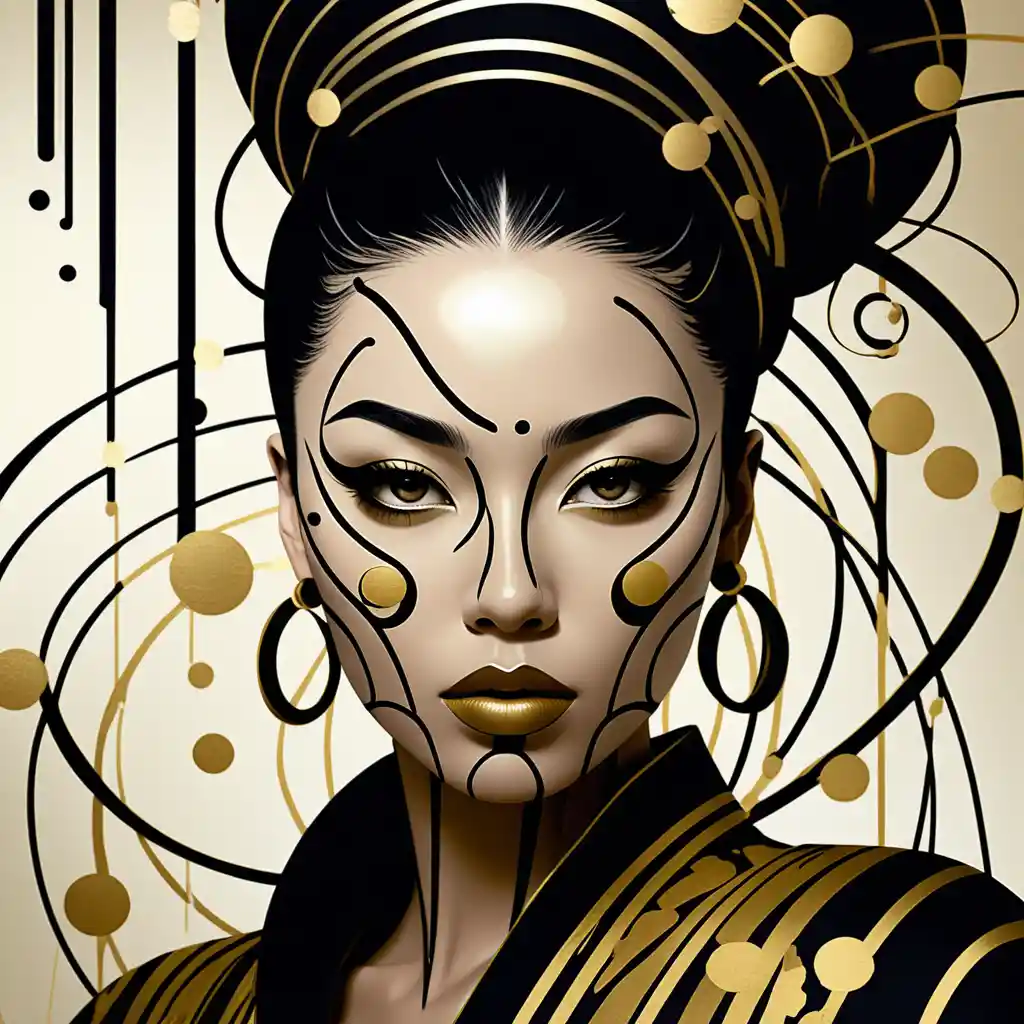 Surreal ink portrait of a black woman with intense eyes