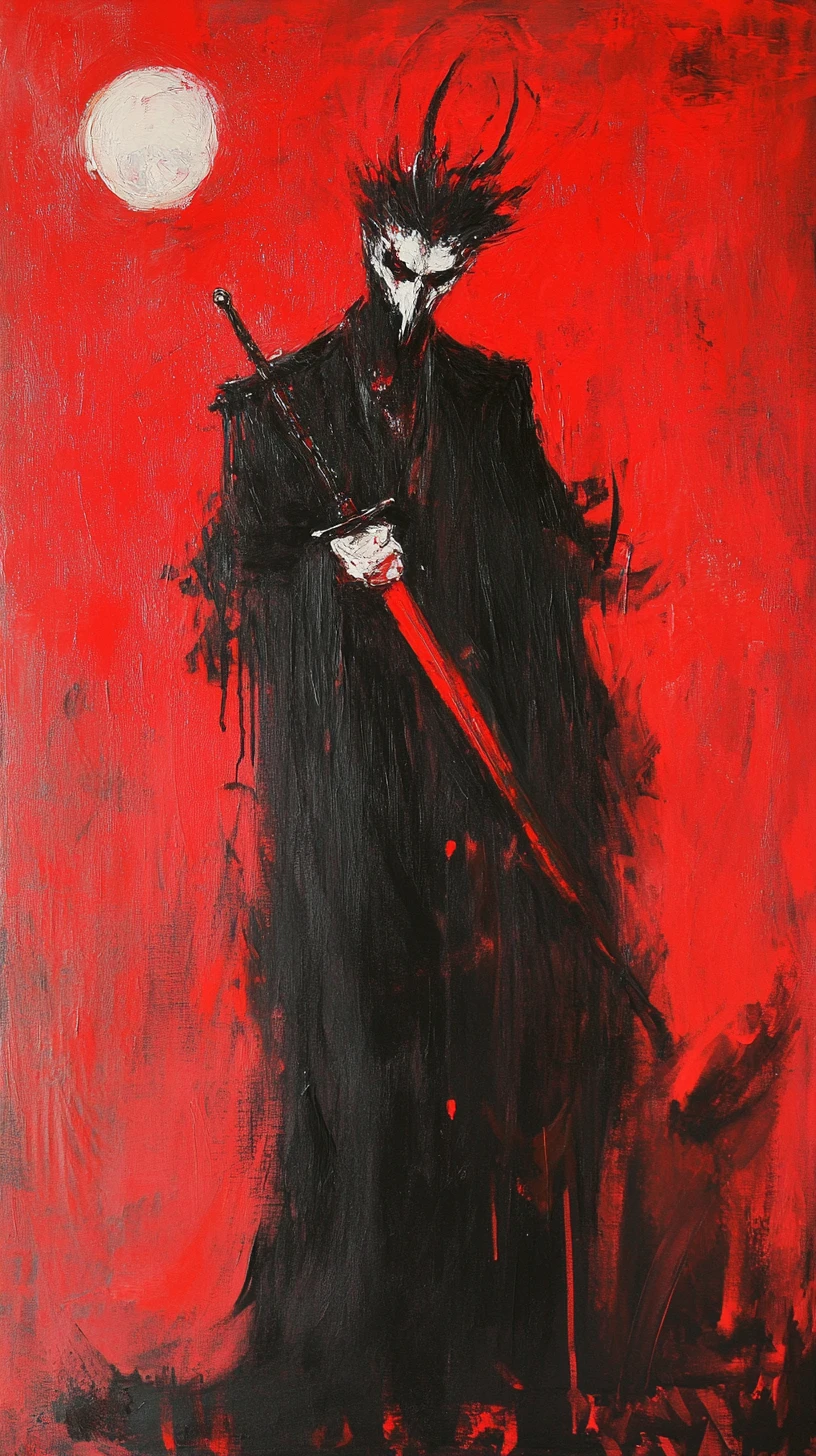 Abstract figure haunted by blades in a dark scene