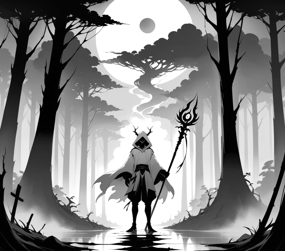 Hooded wanderer with staff in a misty twilight forest