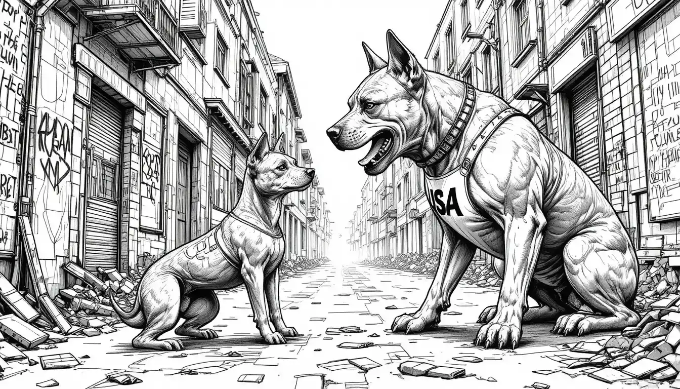 Snarling terrier confronts cowering shepherd in grim alley