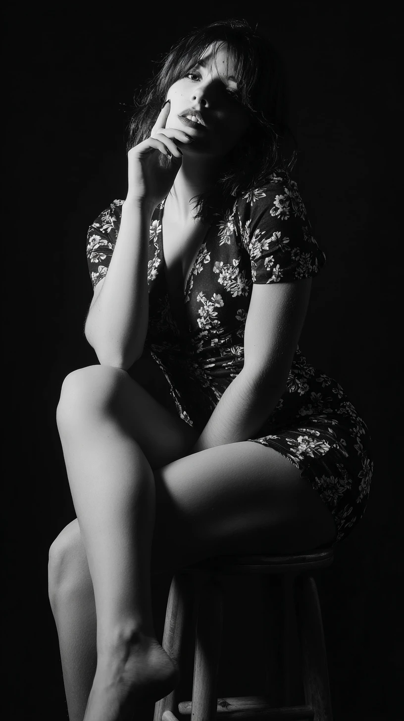Black and white studio portrait of a young intense woman