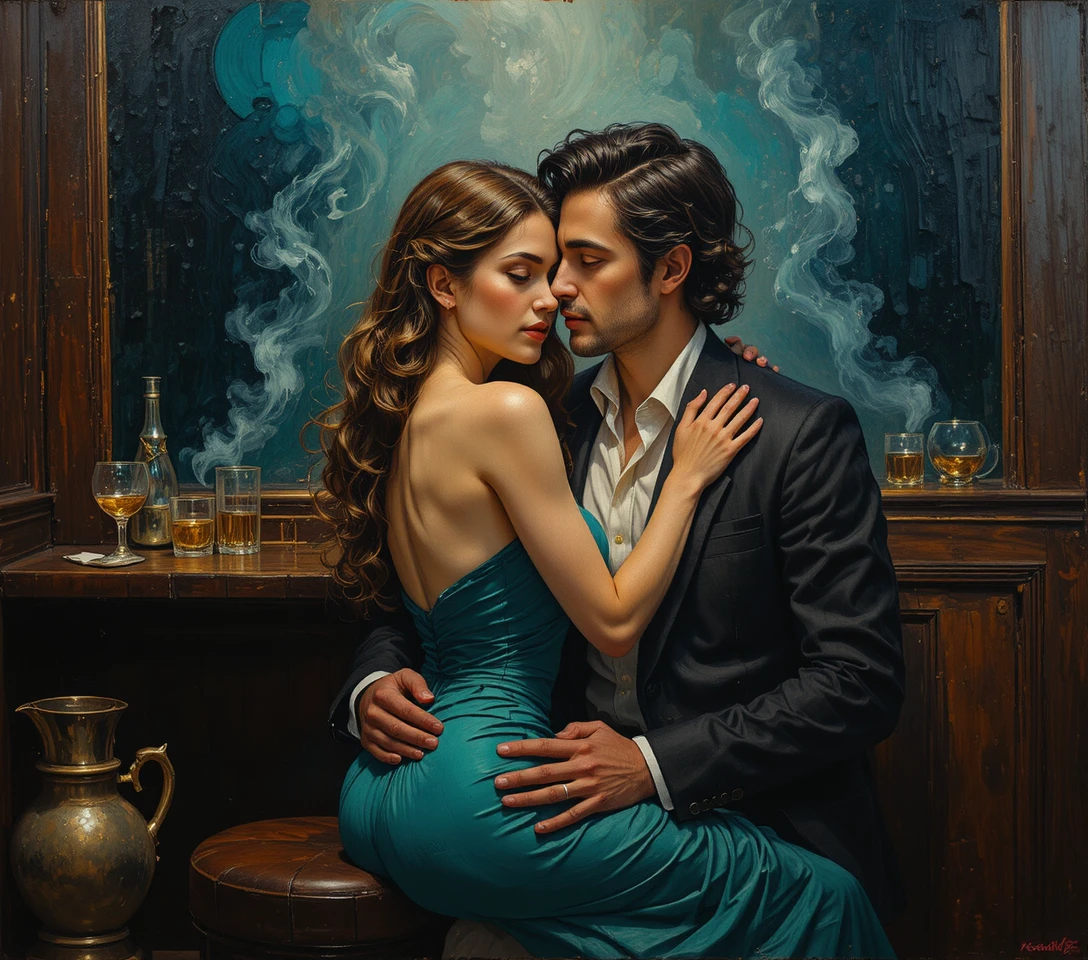 Young woman embracing a man in a smoky bar corner
