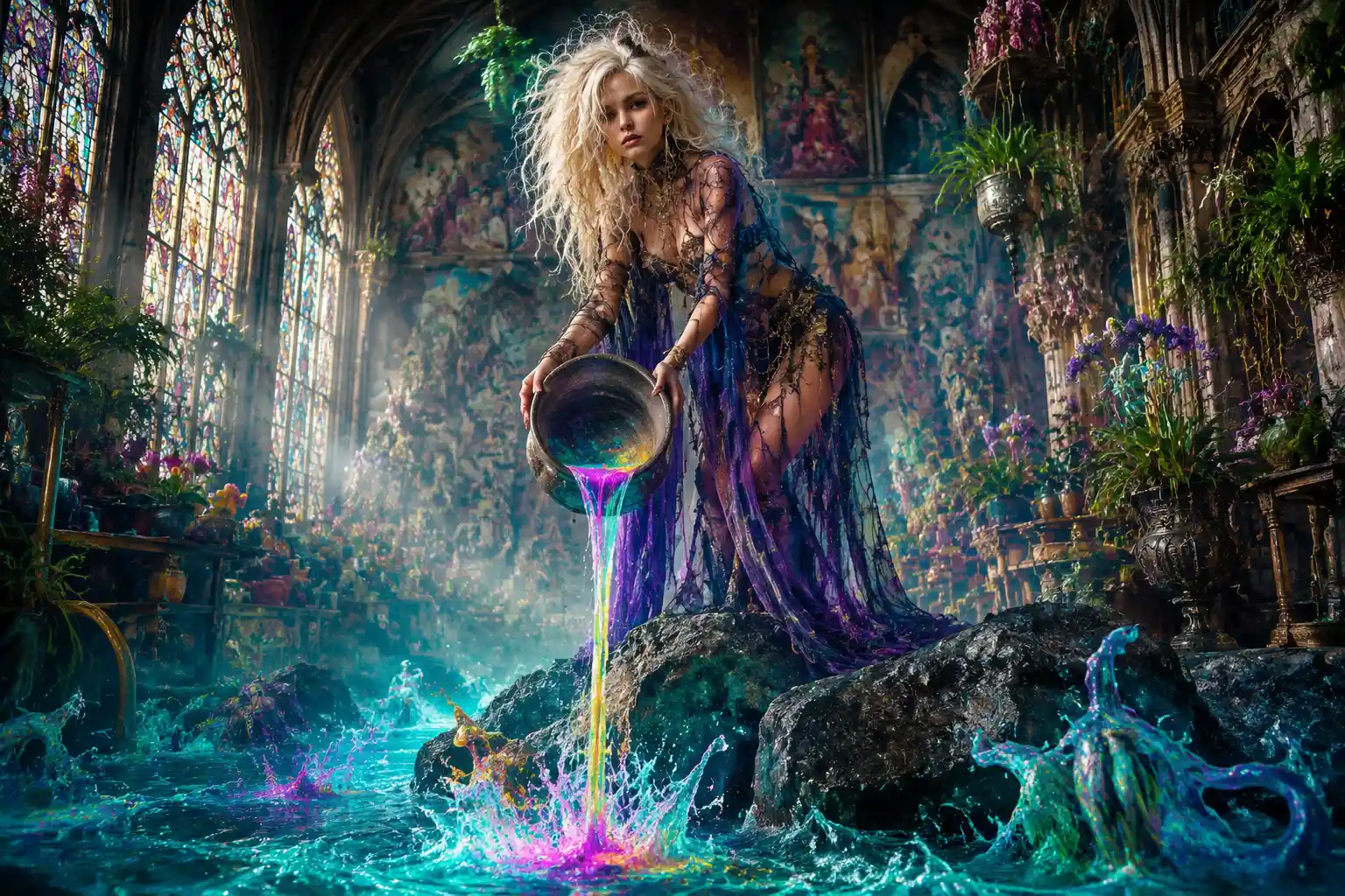 Gothic fantasy girl pouring glowing poison in cathedral