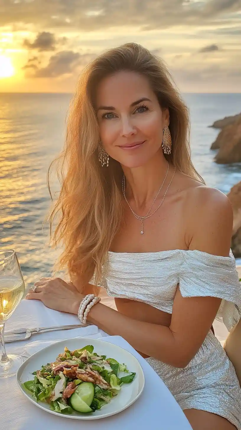 Blonde woman dining by the ocean at golden sunset