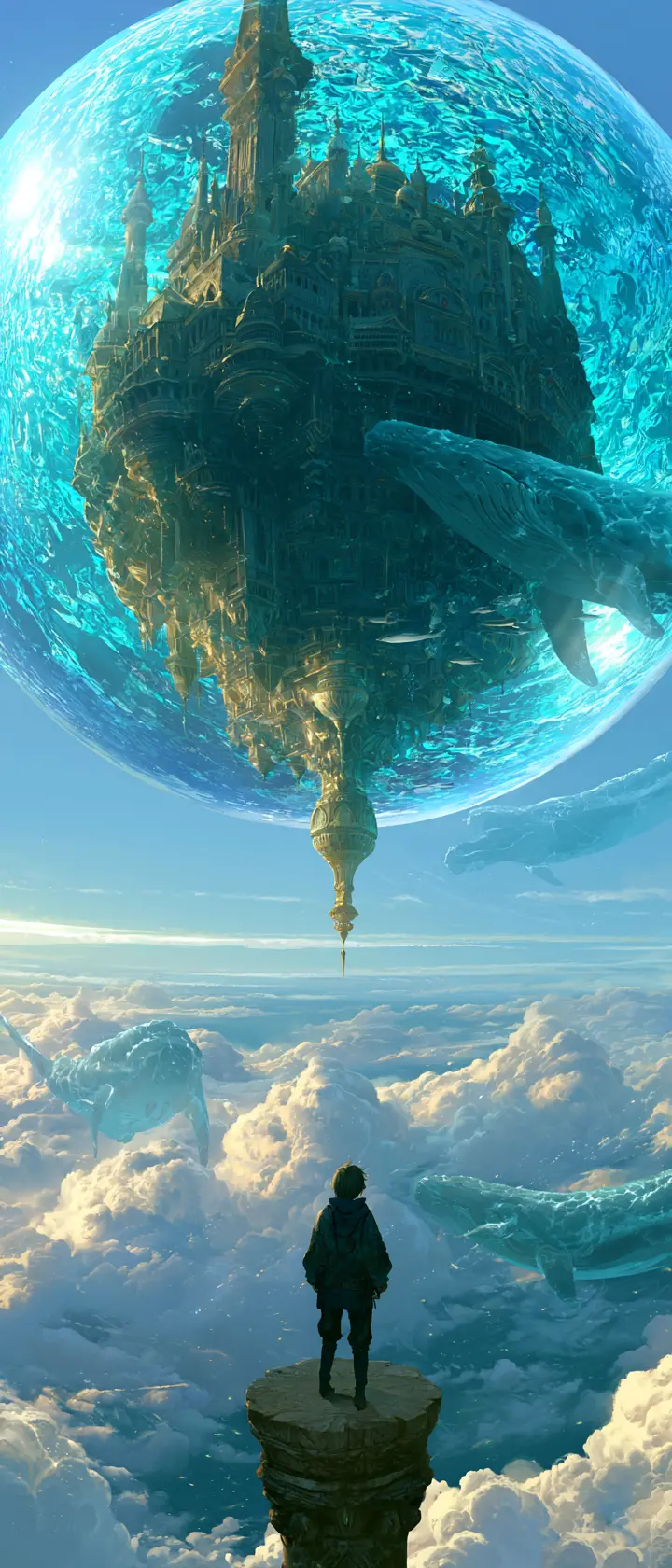 Anime traveler gazing at floating castle in water sphere