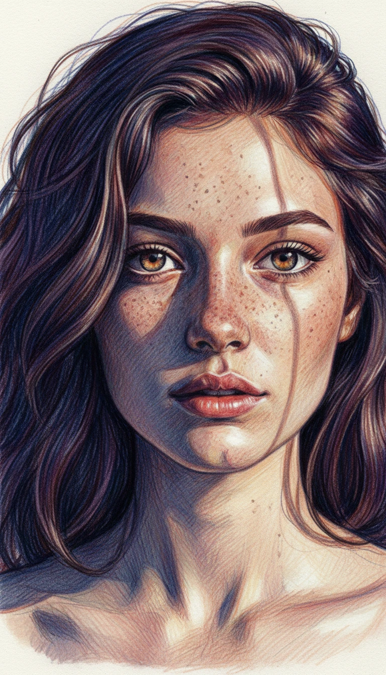 Close up color pencil portrait of freckled girl