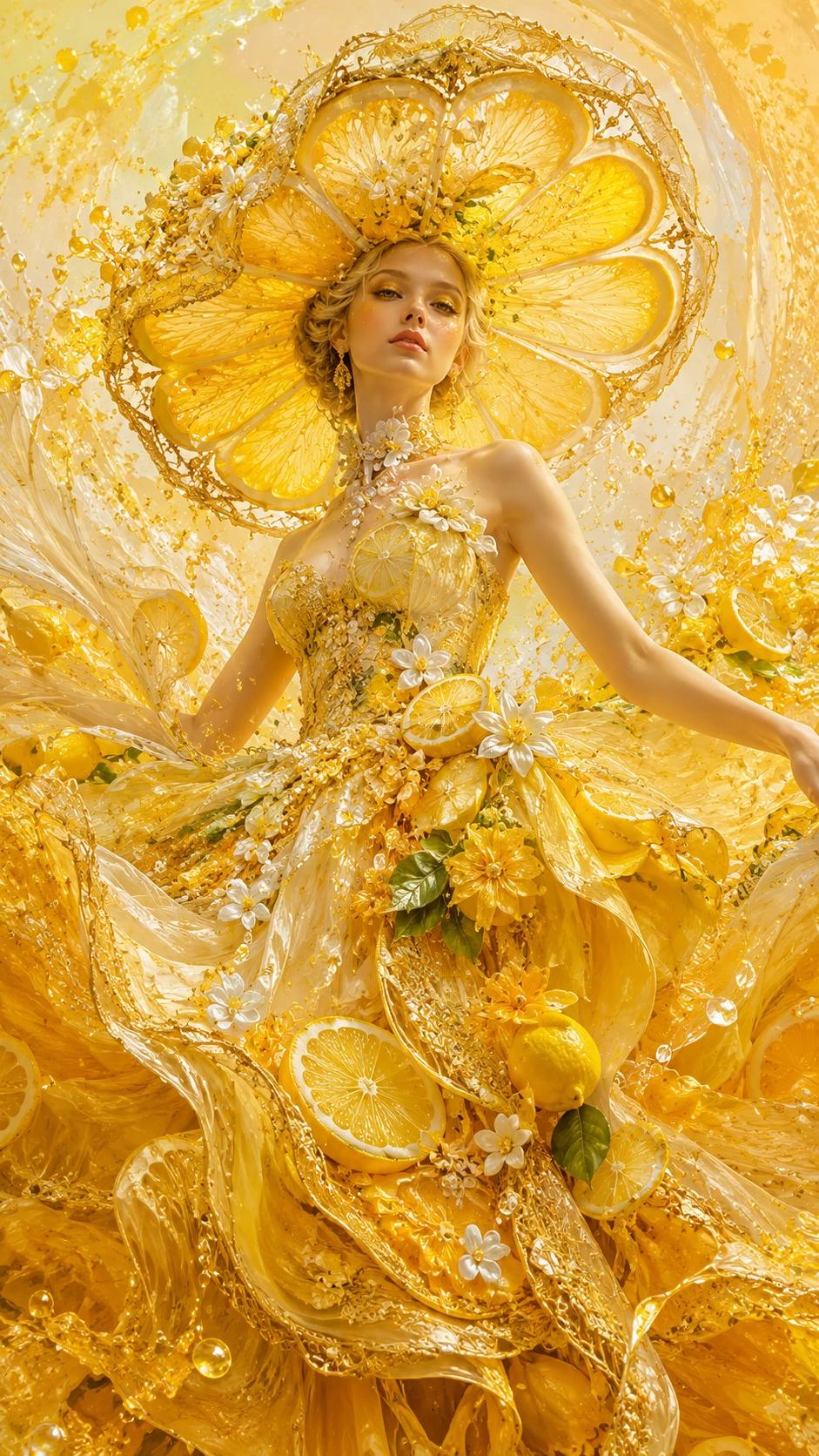 Signora celestiale in fluente abito couture color limone decorato