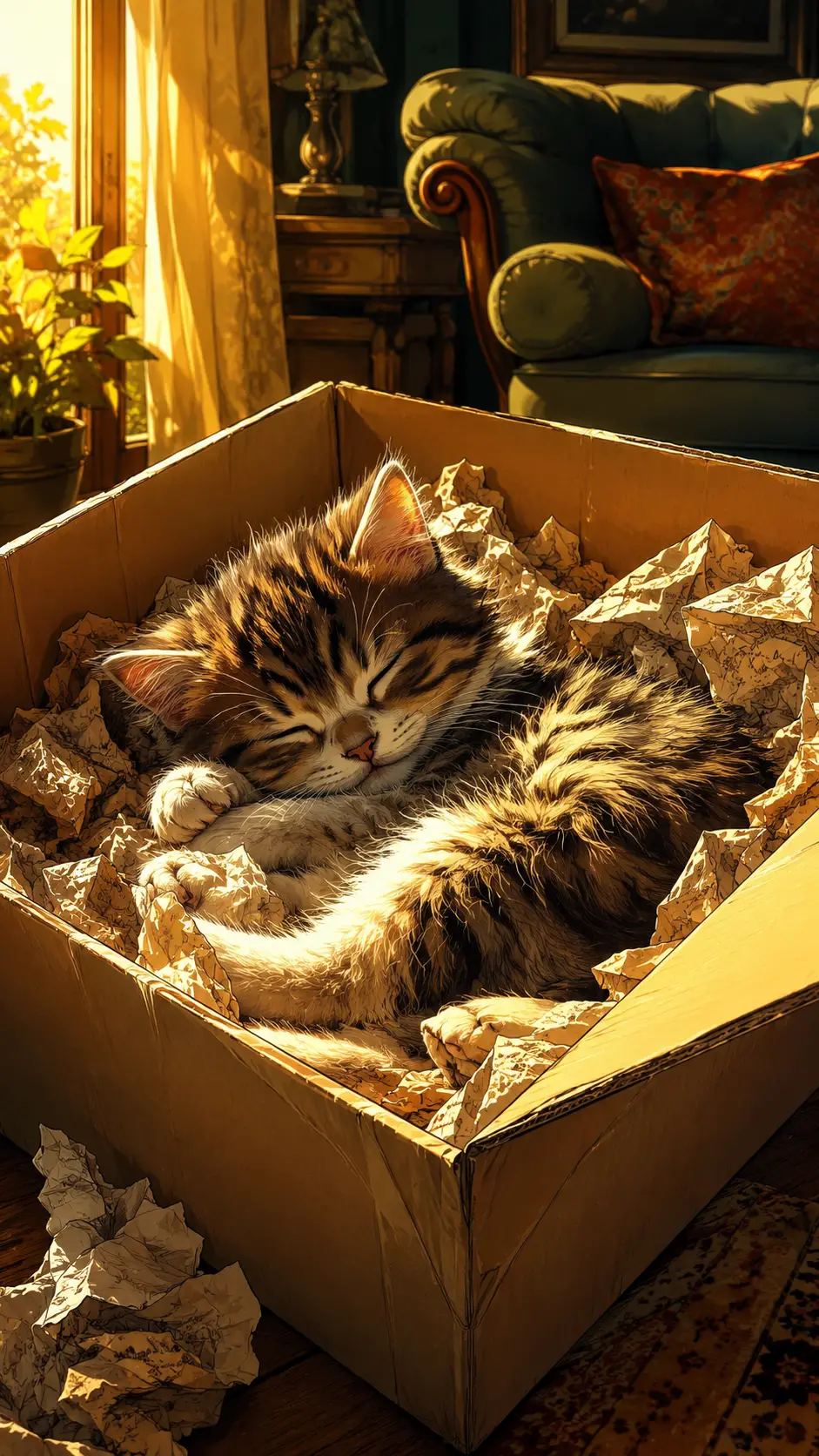 Sleeping kitten in a box bathed in warm sunlight