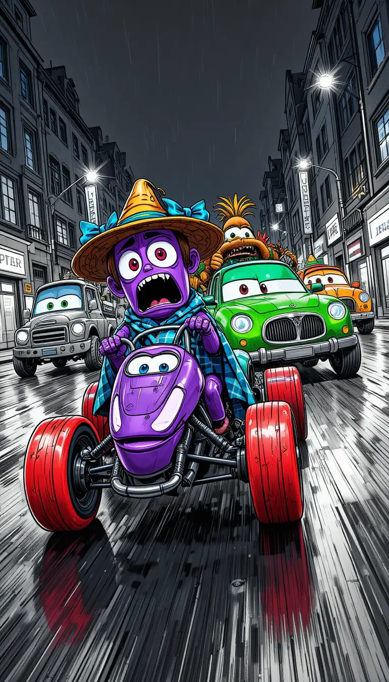 Cartoon cars race down a wet city street at night
