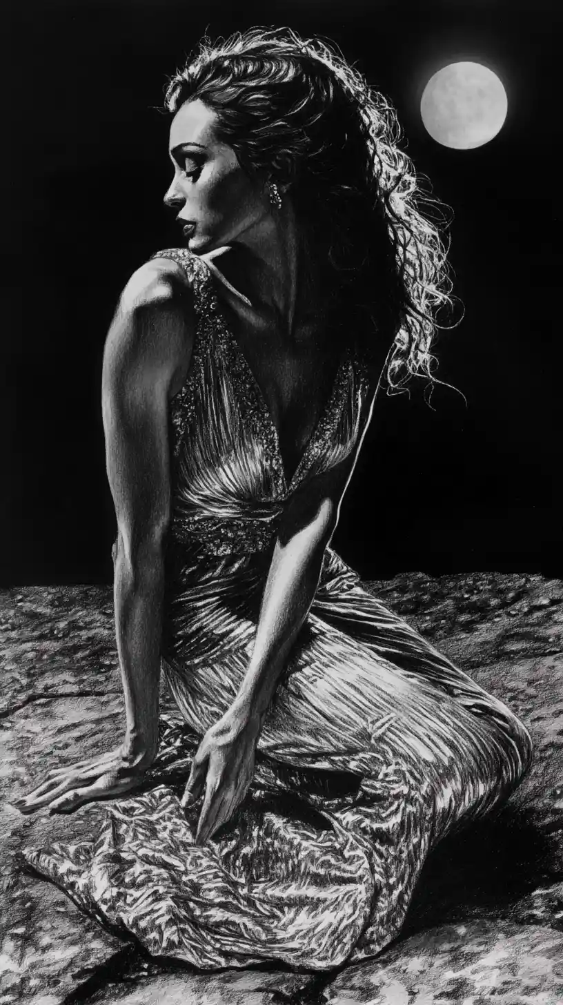 Elegant crouching woman in graphite night illustration
