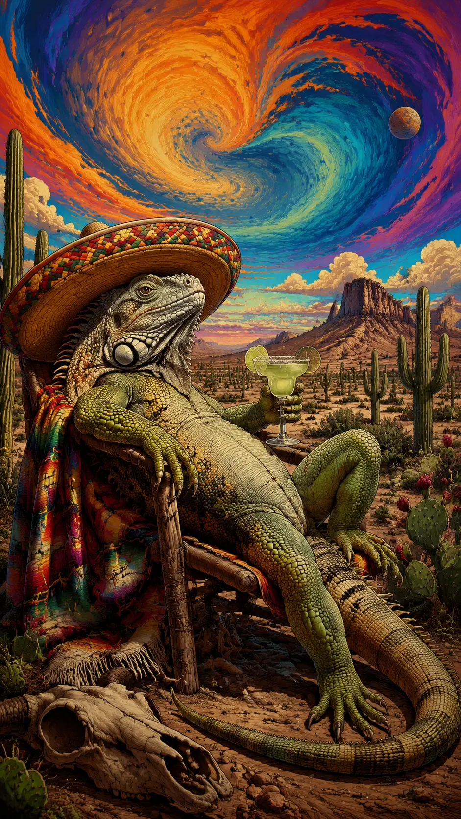 Iguana con Sombrero che Riposa in un Deserto Surreale e Colorato