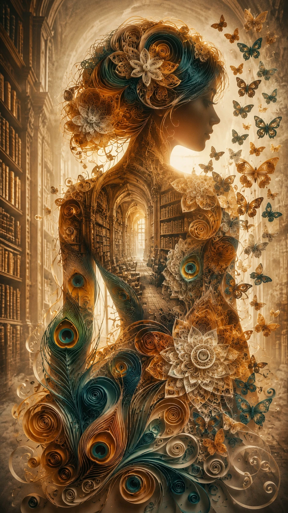 Surreal double exposure woman portrait with quilled paper art