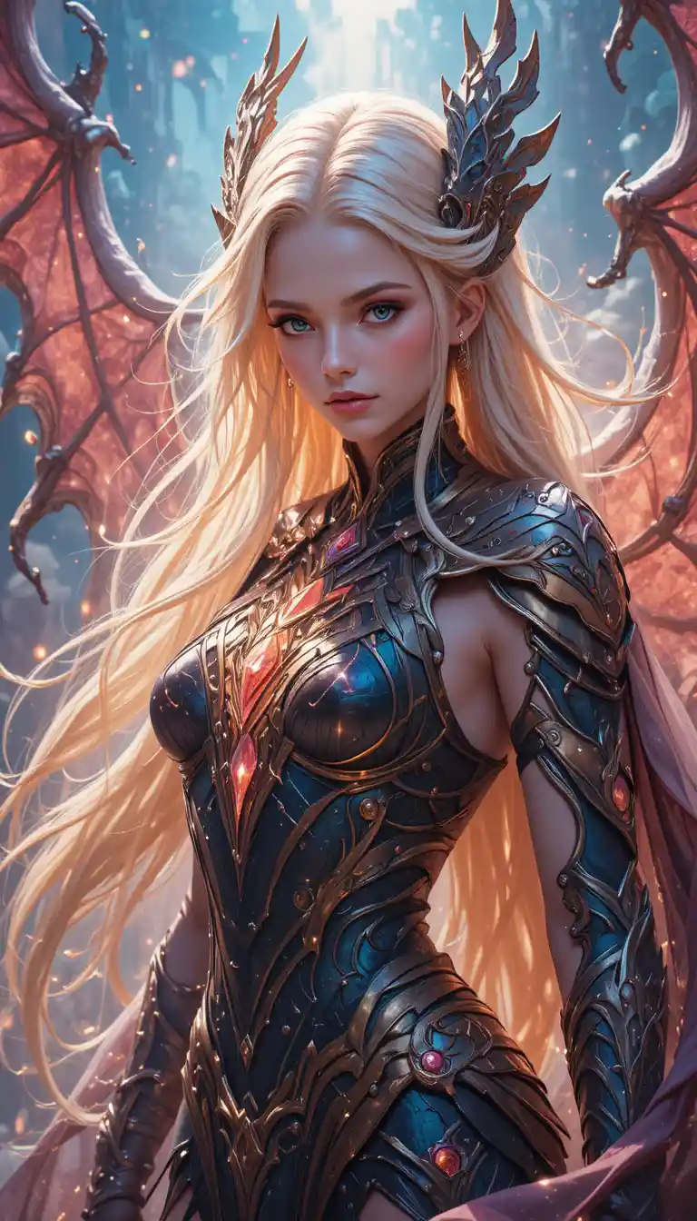 Anime dragon warrior woman in ornate fused armor