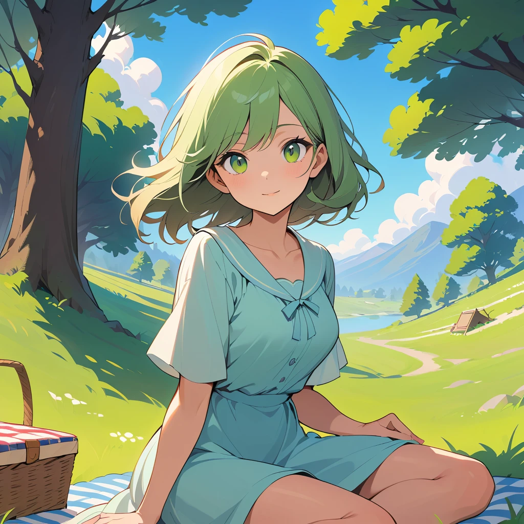 Young woman relaxing on a grassy hillside picnic