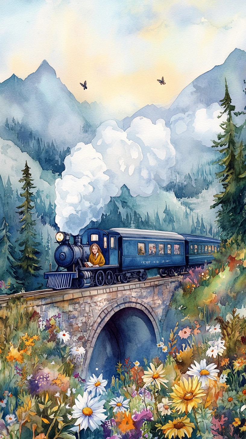 Watercolor girl sketching on train with mountain view