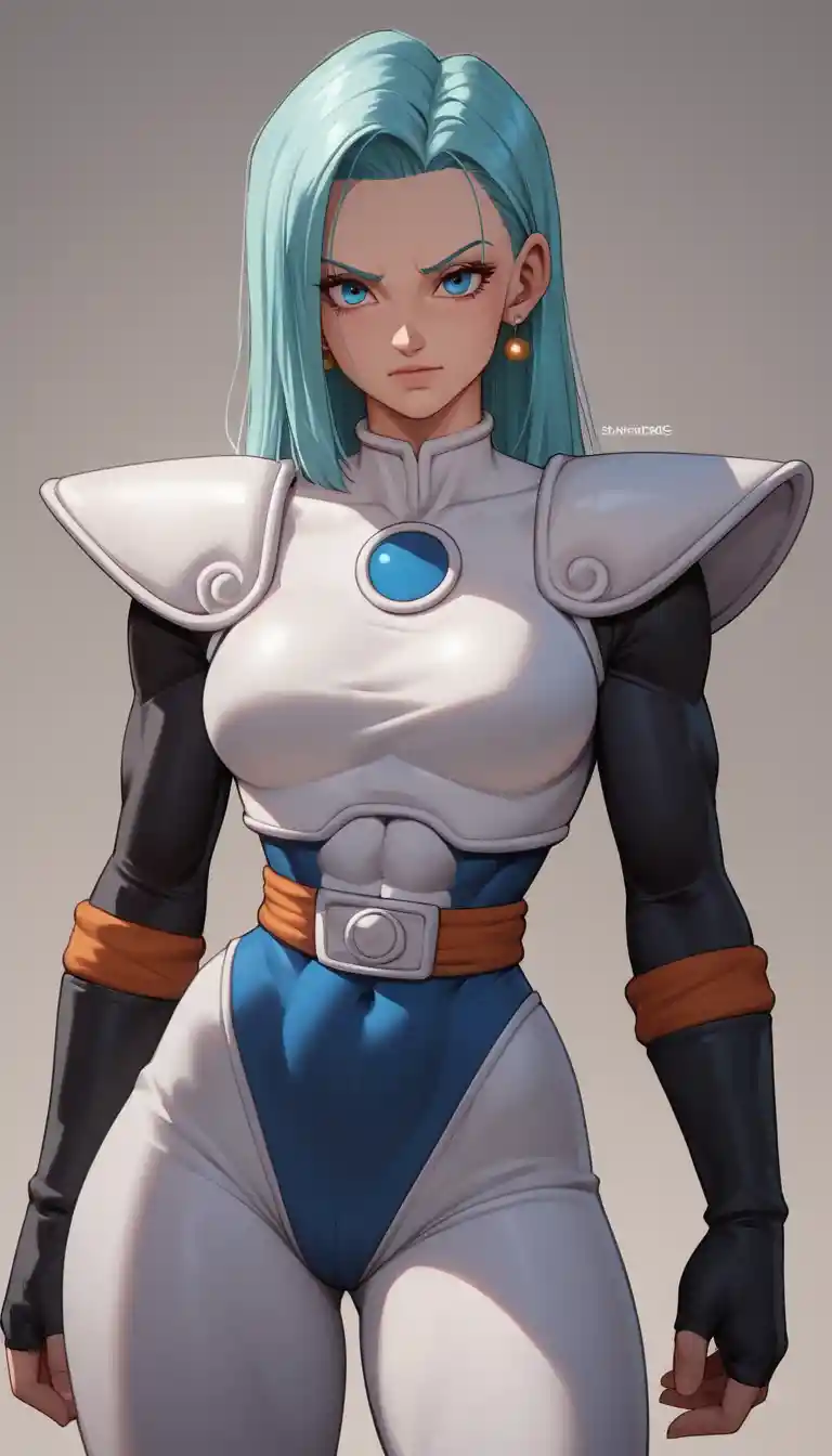 Confident anime heroine with wild platinum hair in bodysuit