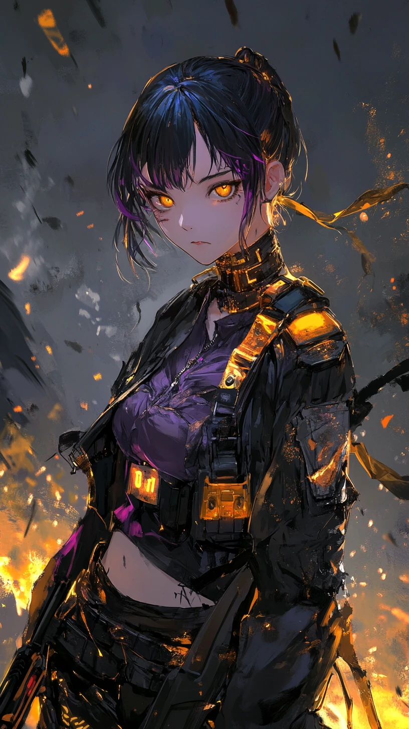 Anime girl in fiery outfit with yellow eyes and long blouse