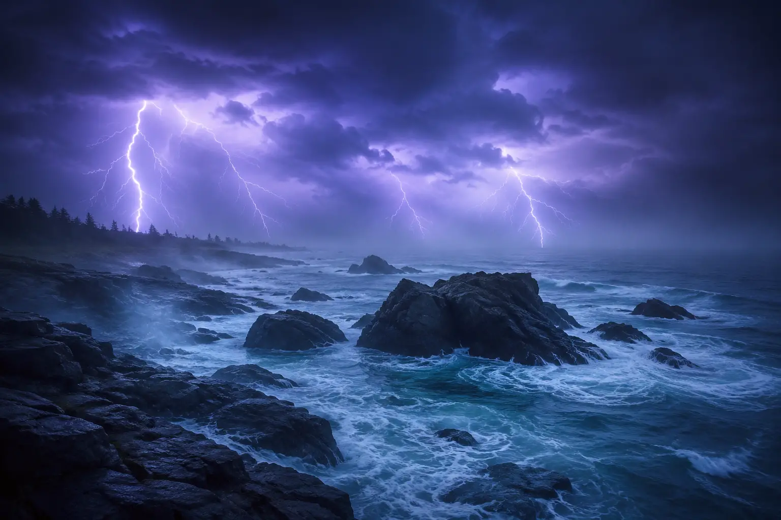 Stormy rocky coastline with lightning over swirling ocean