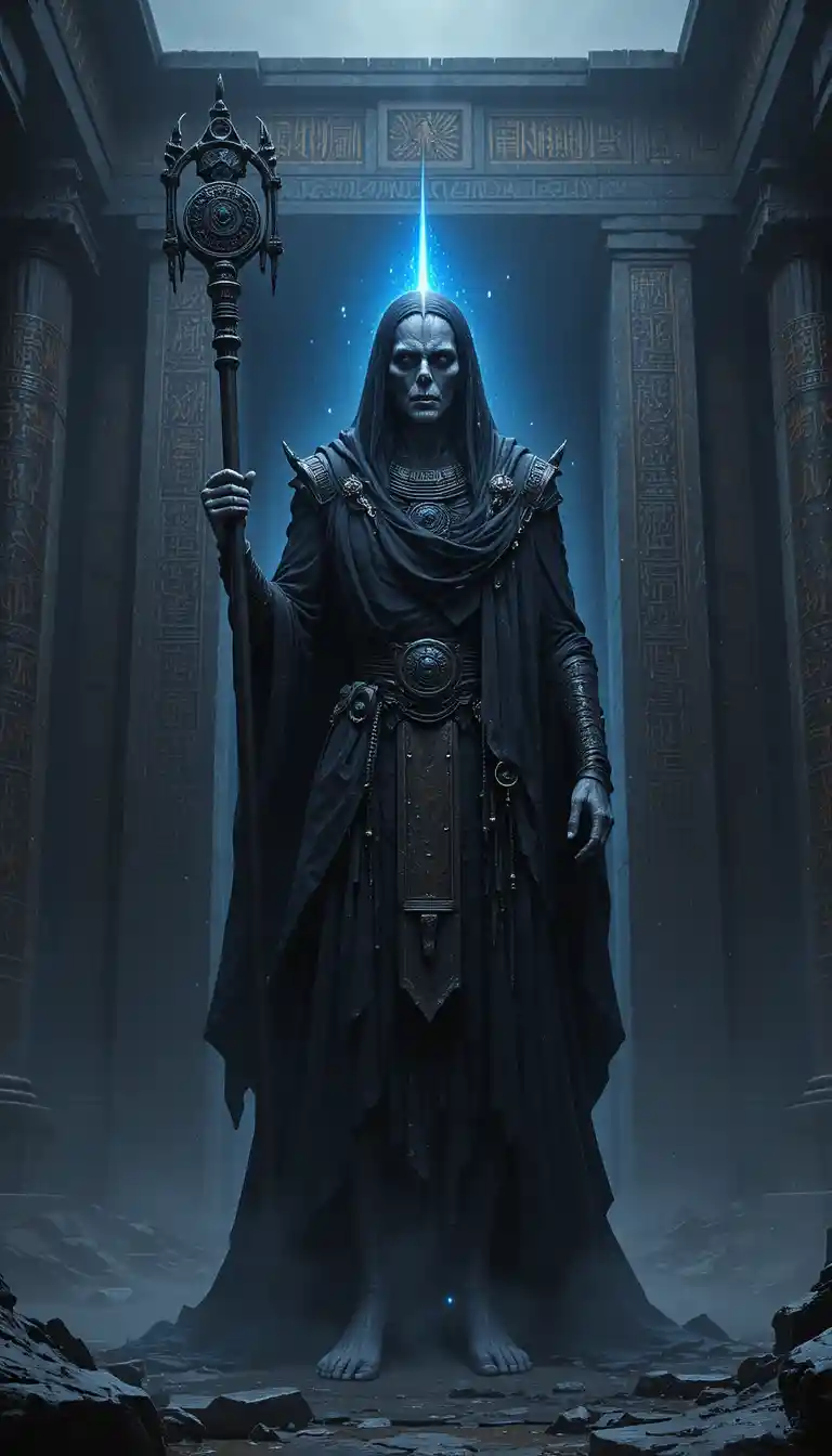 Skeletal dark vizier before the colossal underworld gate