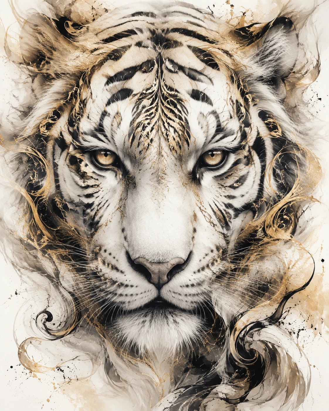 Fantasy white tiger face with gold and black ornamental patterns