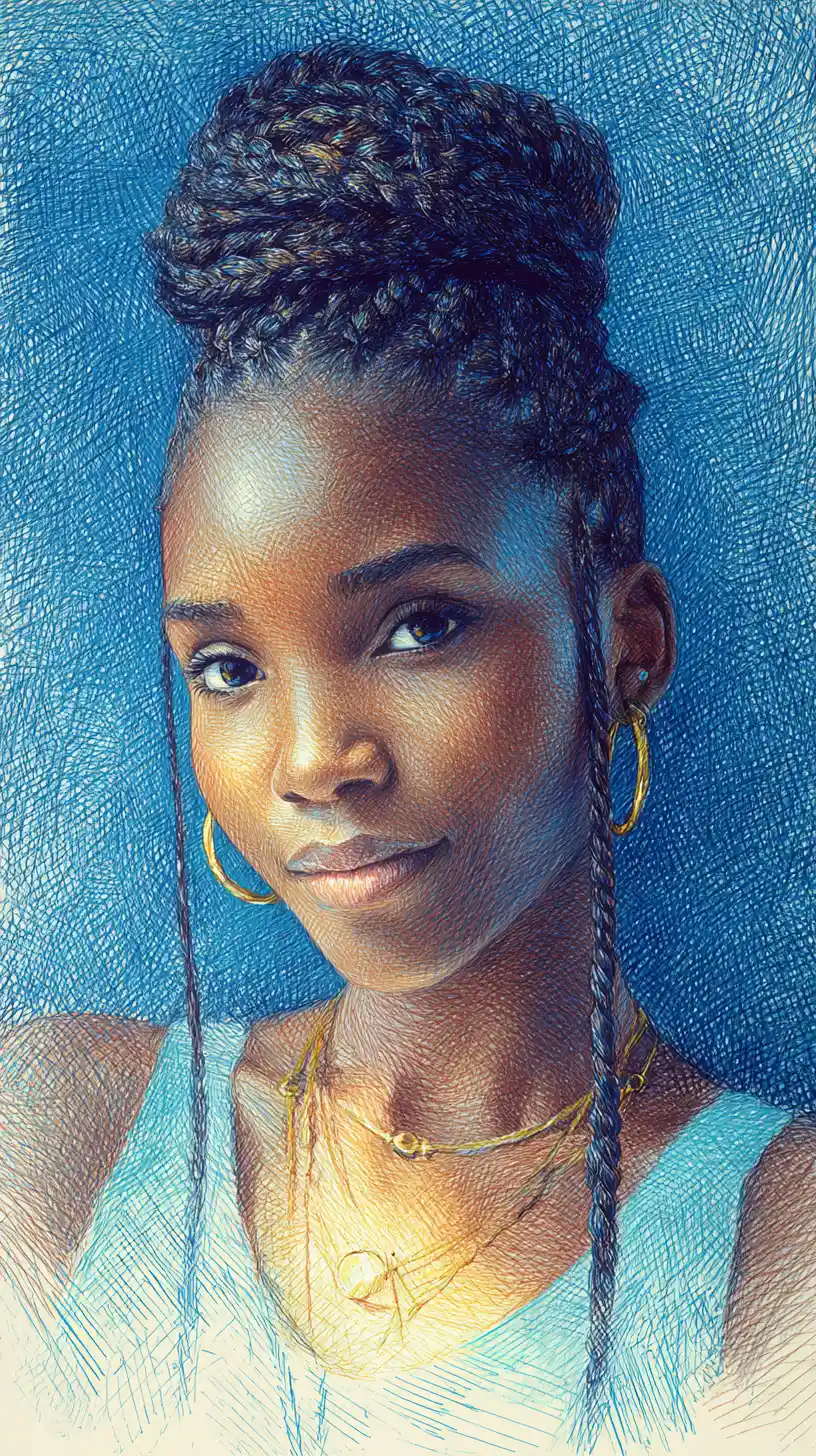 Braided Black girl portrait in blue with pencil texture
