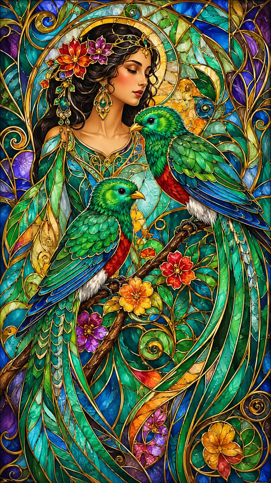 Dea della giungla in vetro colorato con due radiosi uccelli quetzal