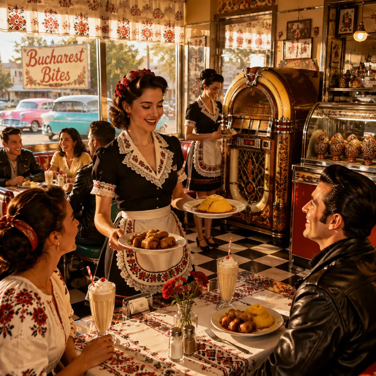 Vintage Romanian American diner with jukebox and sunlight