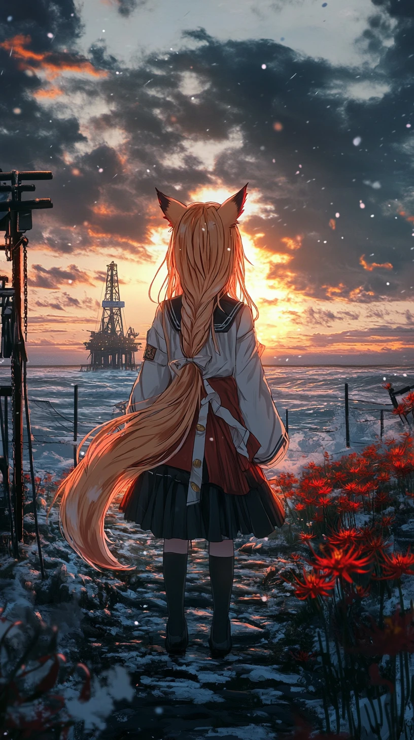 Woman standing on snowy oil rig in stormy winter night