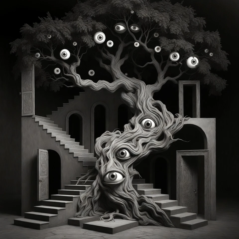 Surreal tree with glowing eyes on twisting monochrome structure