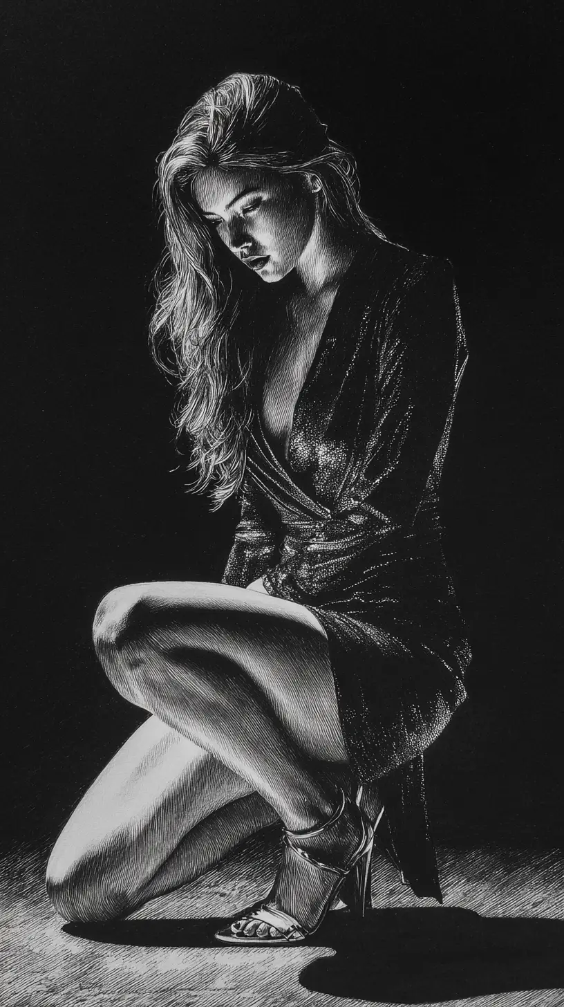 Elegant woman crouching in graphite chiaroscuro night scene
