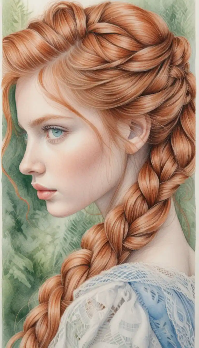 Red haired girl in lace dress colored pencil portrait