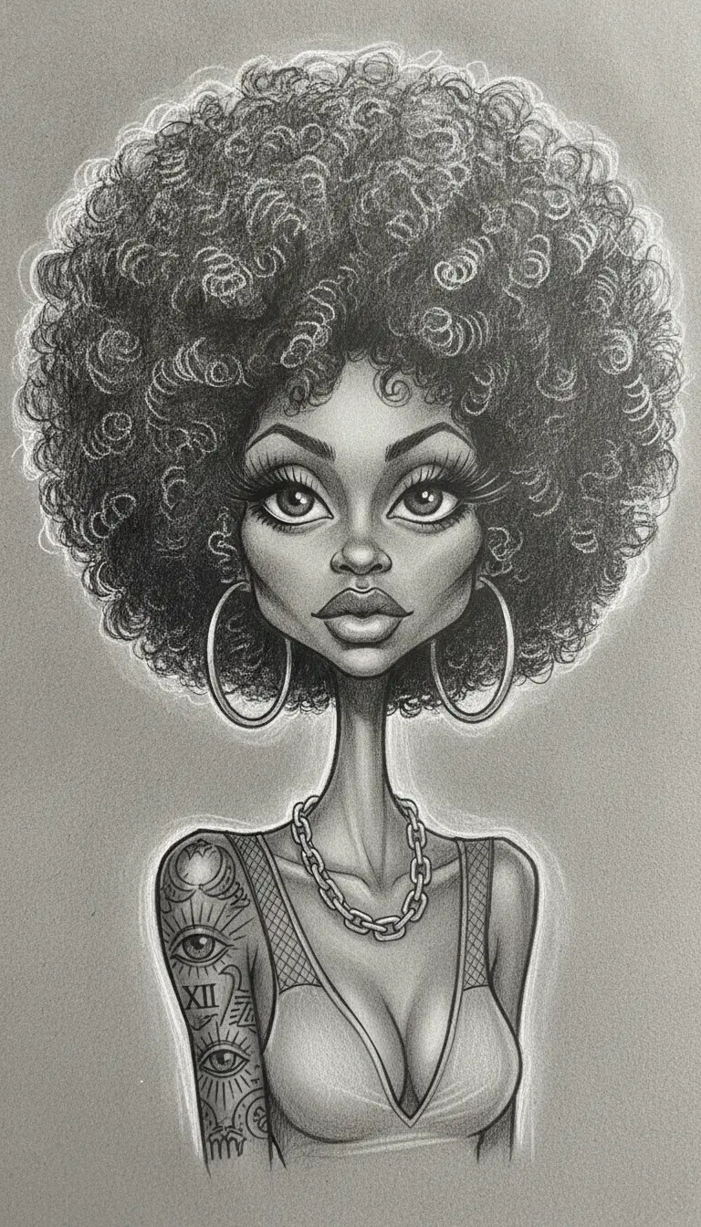 Portrait stylisé au graphite d’une femme avec une énorme afro bouclée