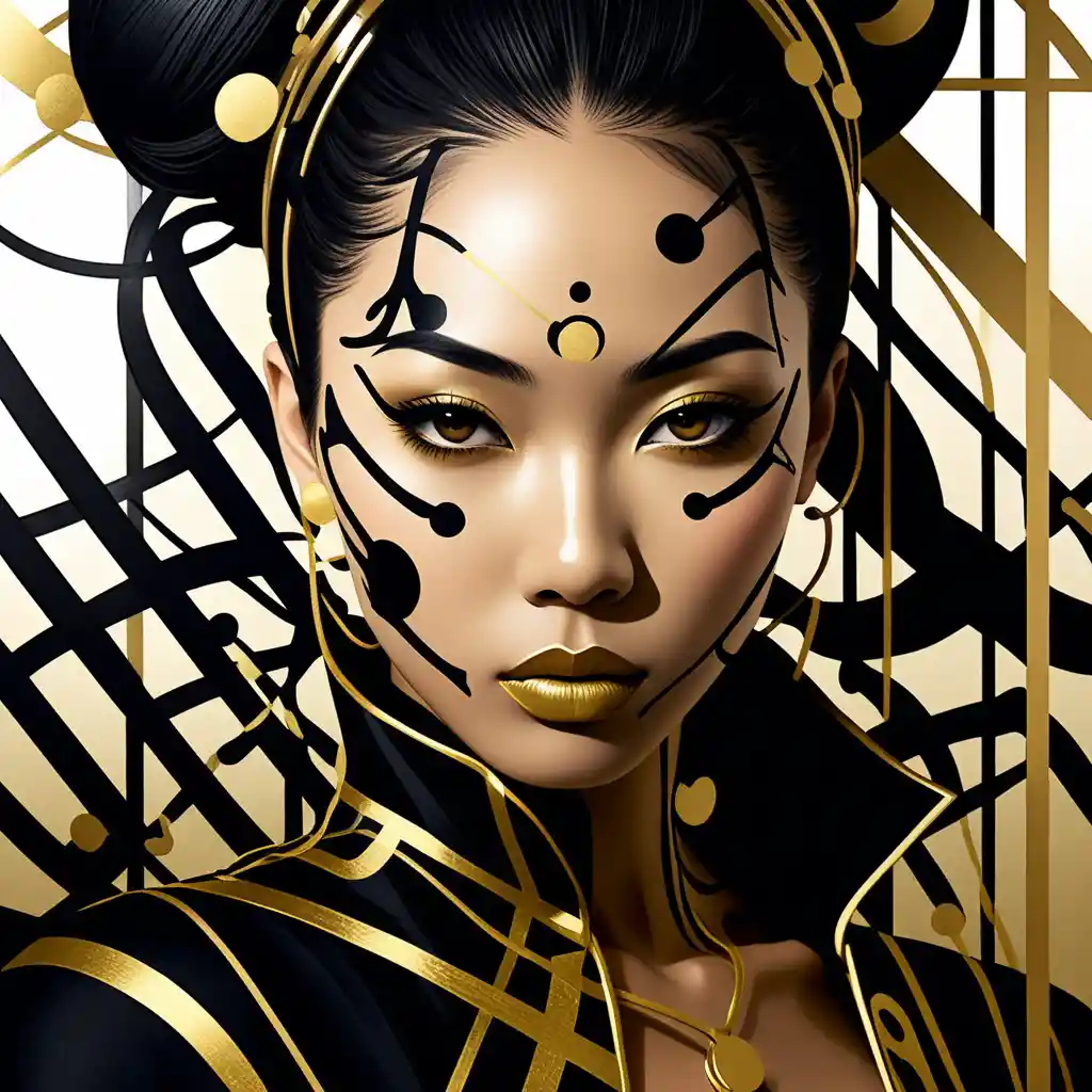 Surreal ink portrait of a fashion woman with intense gaze
