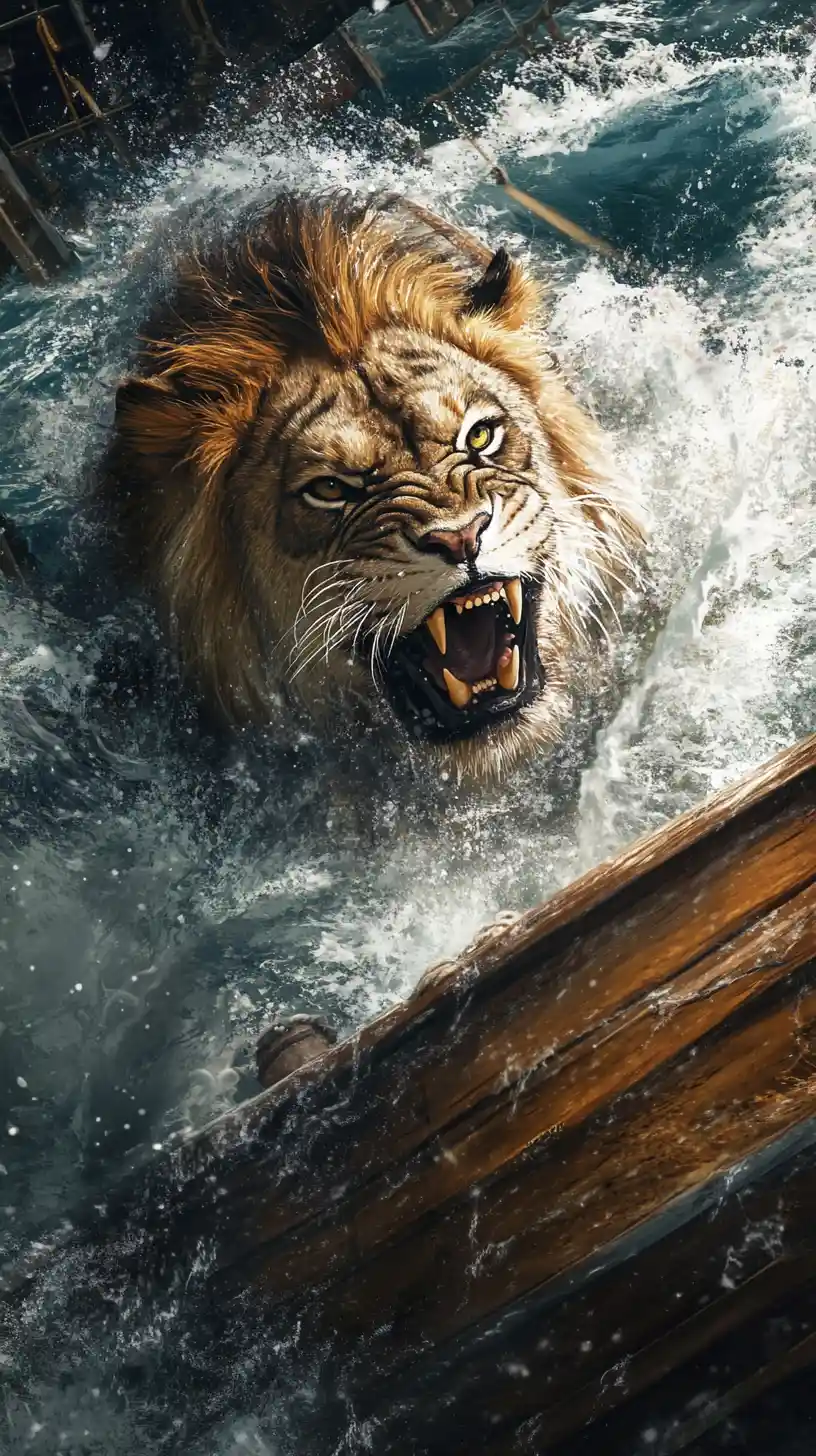 Angry lion swimming toward a small wooden boat