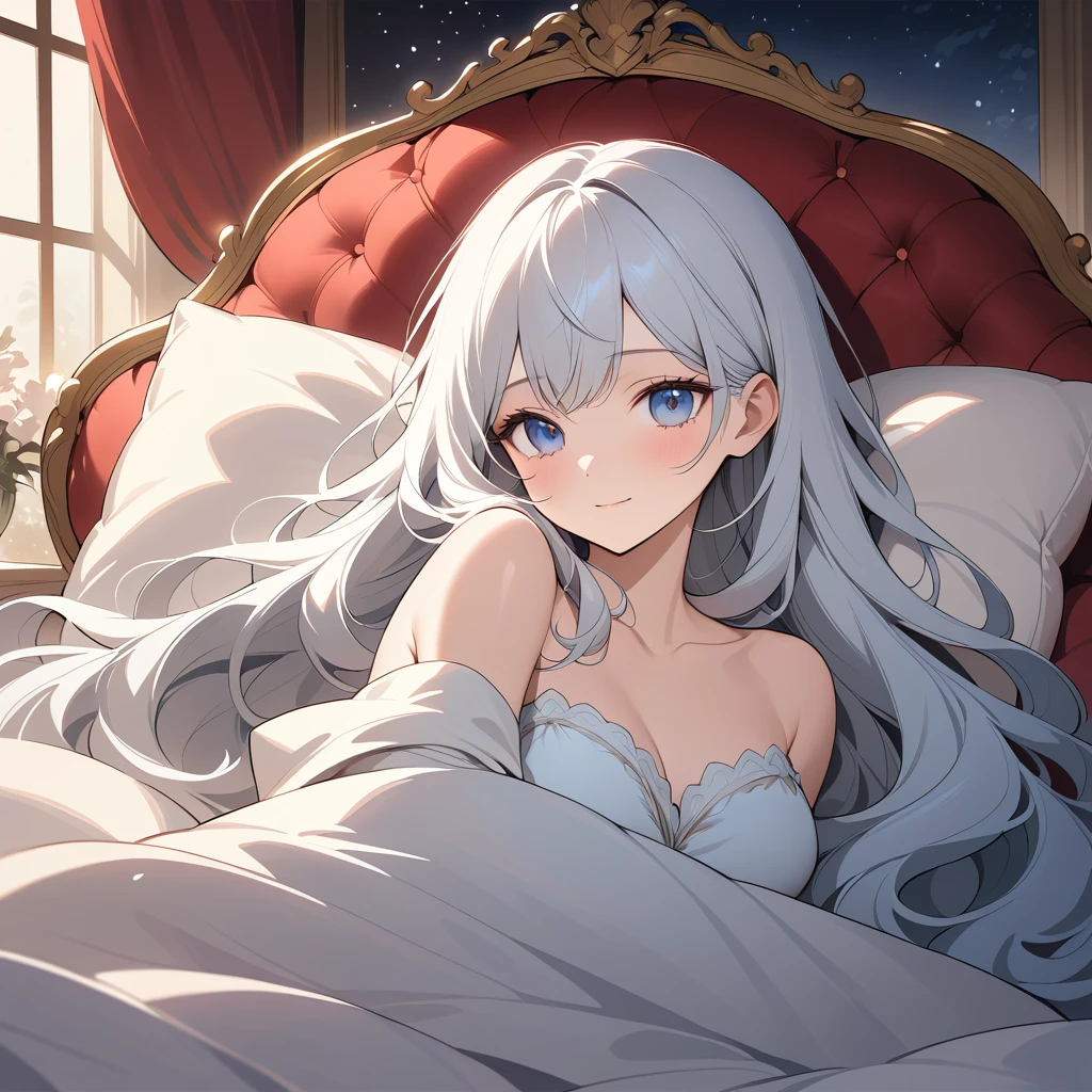 Peaceful platinum haired woman resting in a plush bed