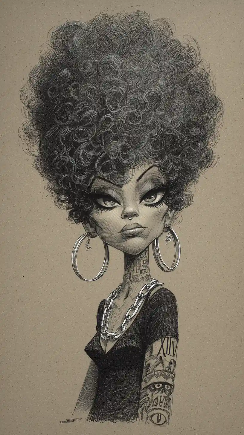 Stylized graphite portrait of woman with massive curly afro