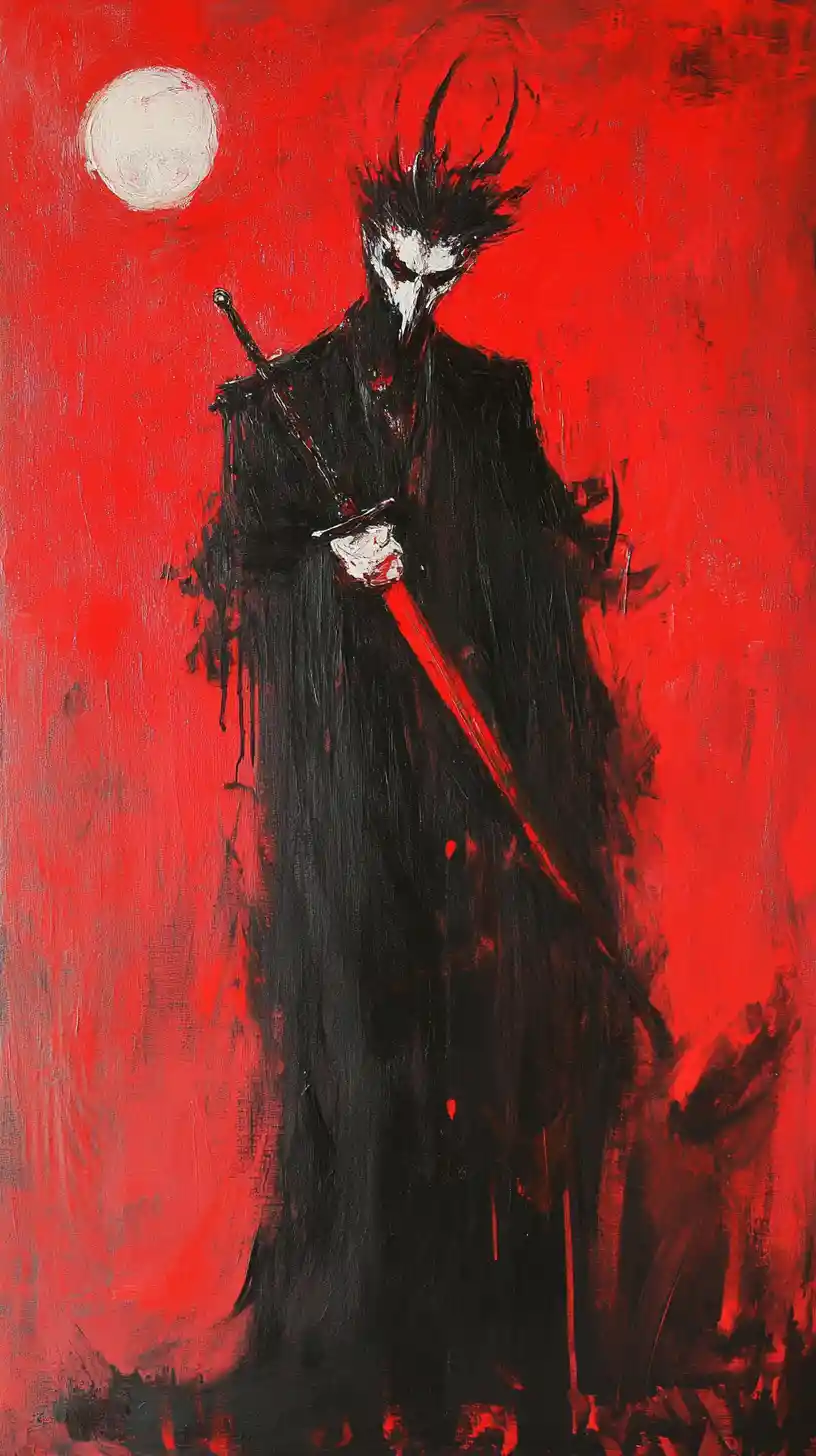 Abstract figure haunted by blades in a dark scene