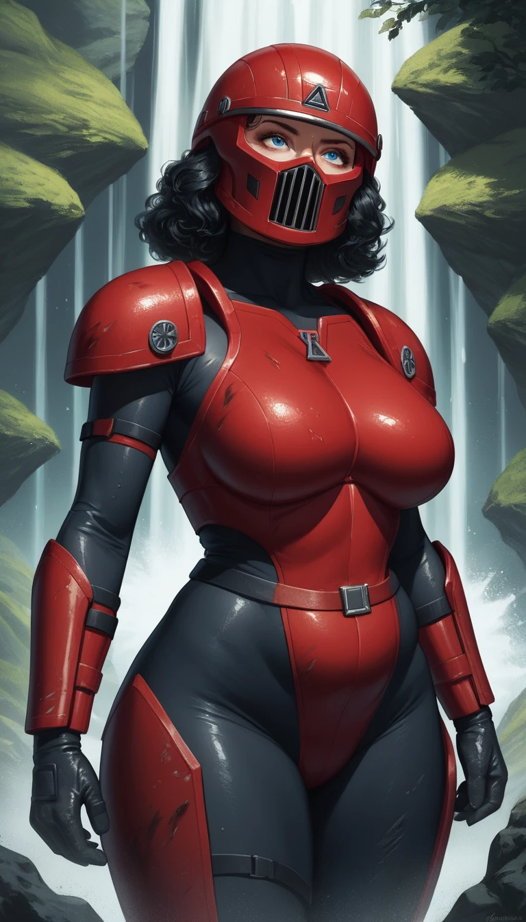 Donna anime sci‑fi in armatura rossa a bordo di un'astronave