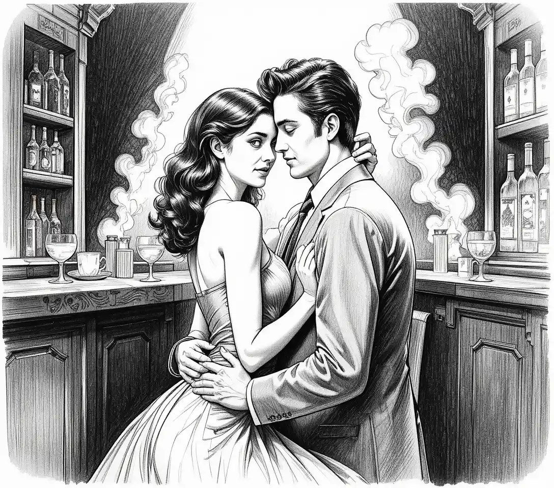 Young couple embracing in a smoky intimate bar corner