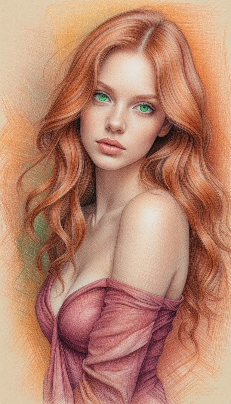 Colored pencil portrait of a woman with emerald green eyes