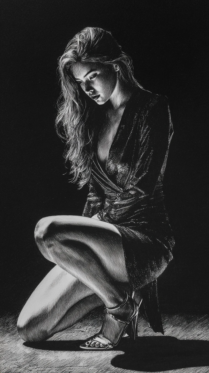 Elegant woman crouching in graphite chiaroscuro night scene