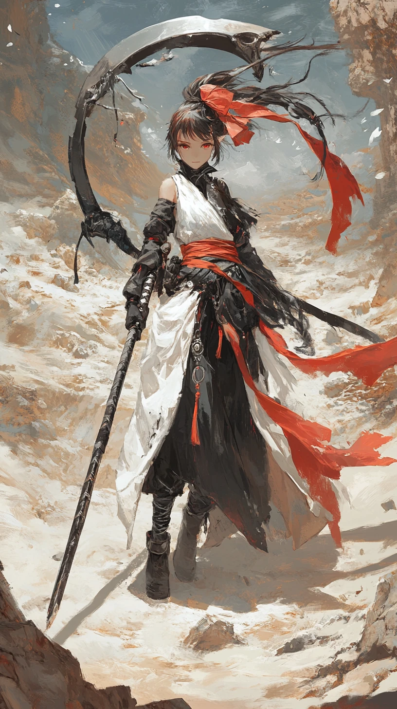 Battle scythe standing in sand swept ancient rune carved ruins