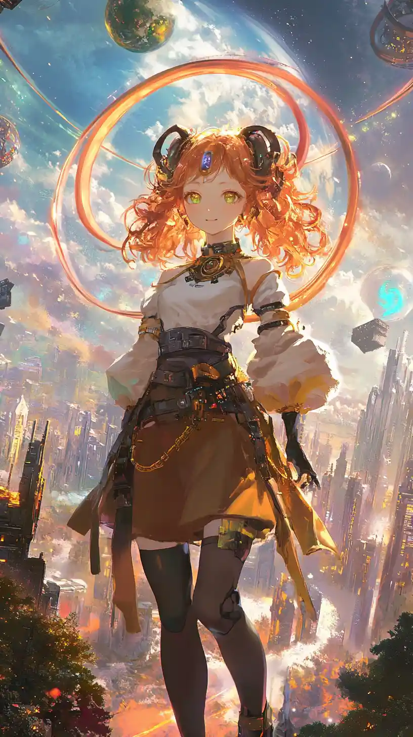 Anime girl floating in space beside a colorful ringed planet