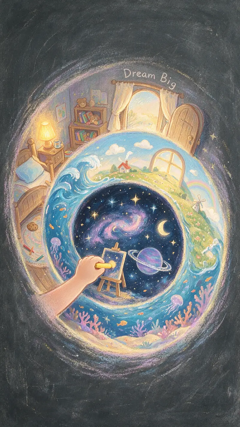 Child hand drawing infinite chalk worlds on a board