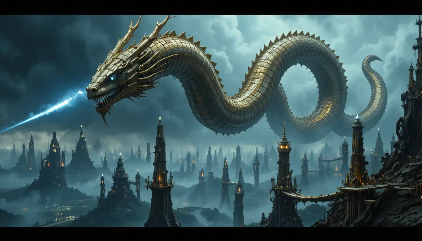 Colossal Steampunk Dragon Above Stormy Floating Cities