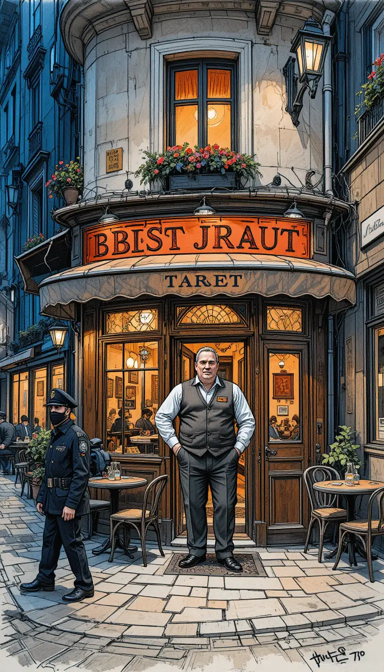 Parisian bistro owner standing outside in warm night light
