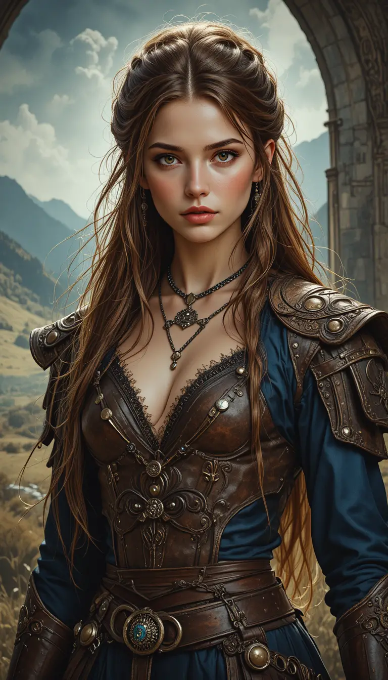 Guerriera medievale sicura di sé in un paesaggio fantasy